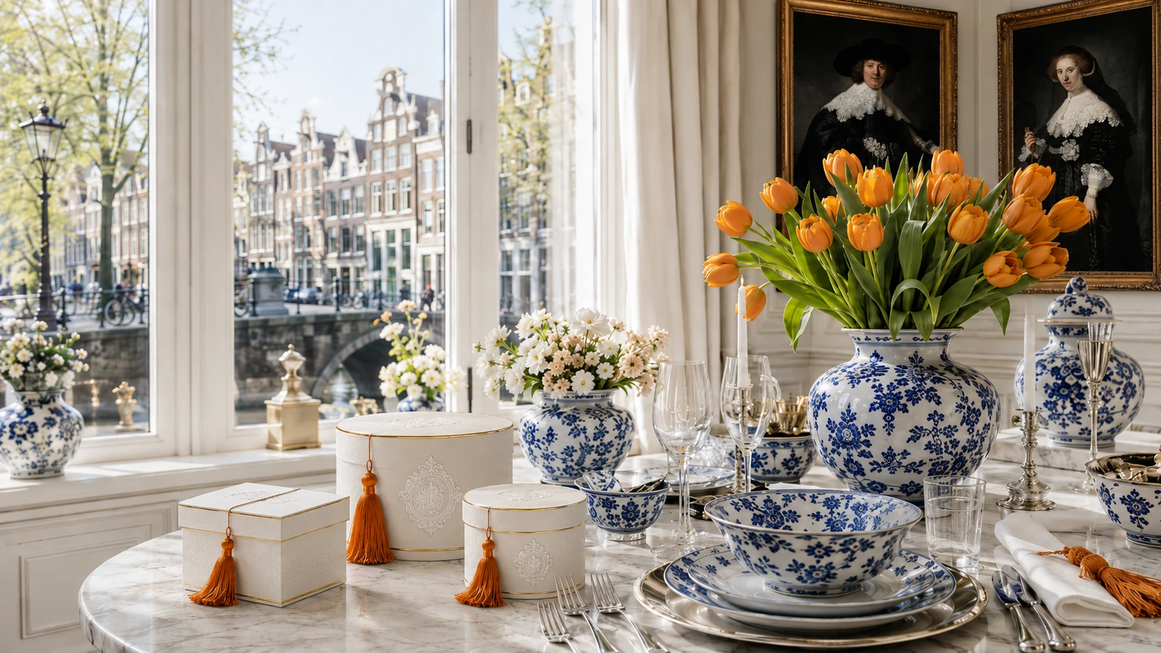 Huis van Lys Dutch interior with Delft blue porcelain and orange tulips in Amsterdam