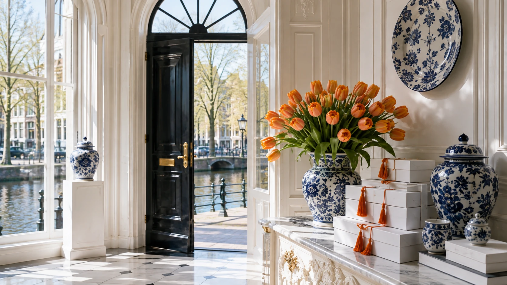 Bright Dutch interior with orange tulips, Delft blue porcelain and Huis van Lys boxes