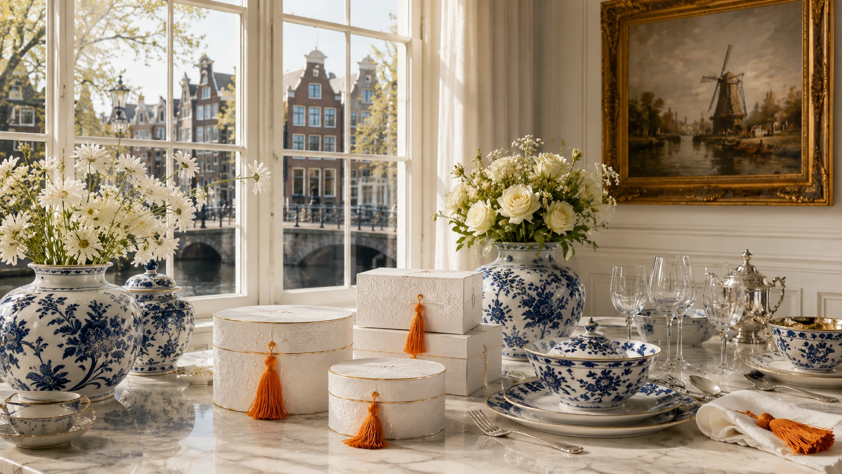 Huis van Lys Dutch-inspired concept with Delft blue porcelain, flowers and white gift boxes