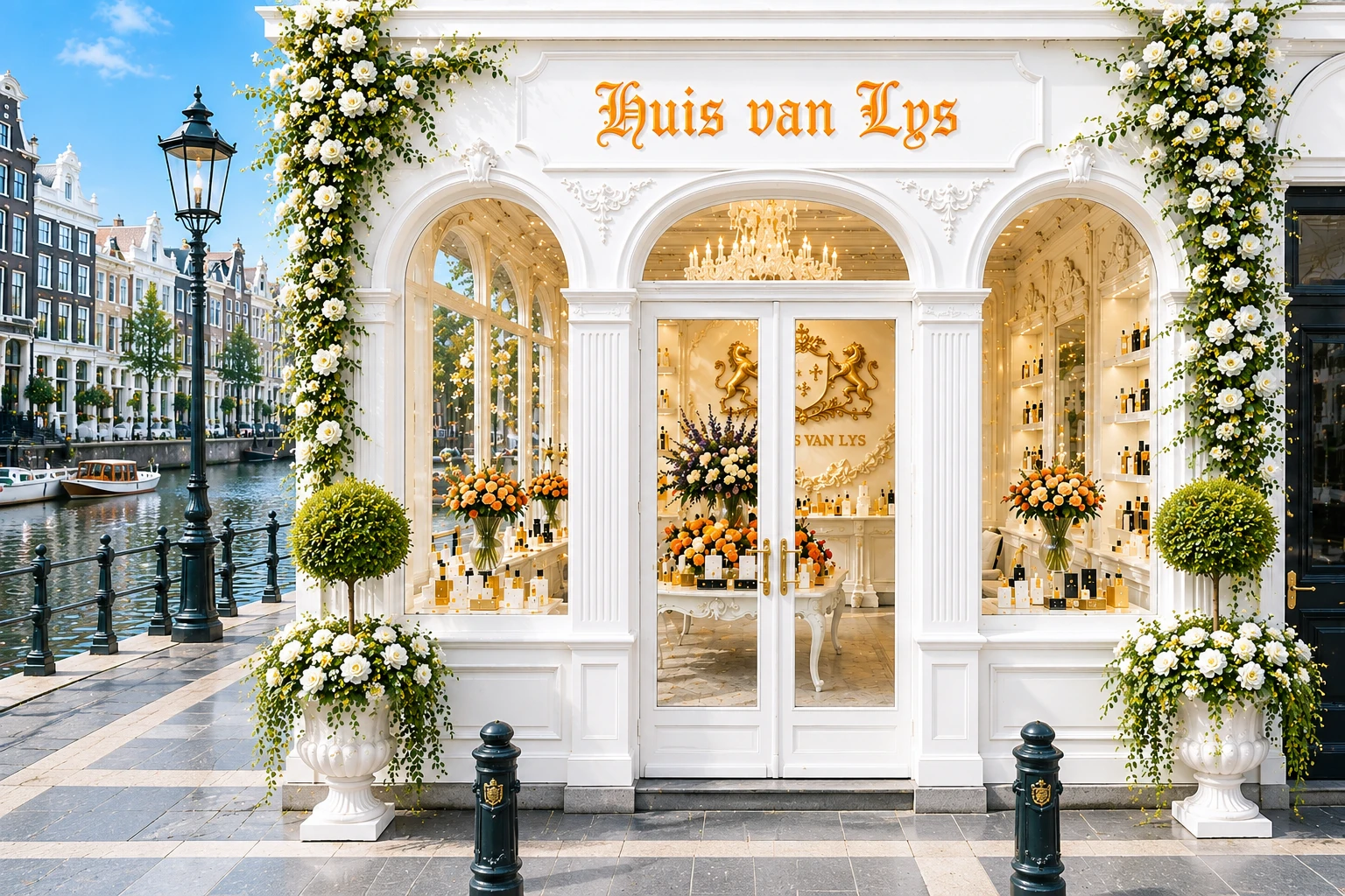 Huis van Lys white boutique exterior by an Amsterdam canal